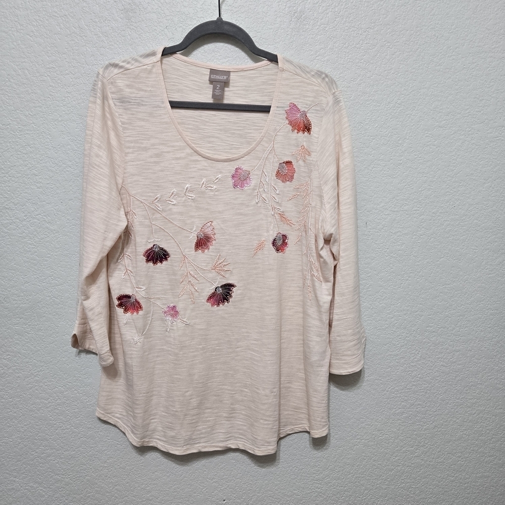 Chico's Cream Floral Embroidered Long Sleeve Top Size 2/M